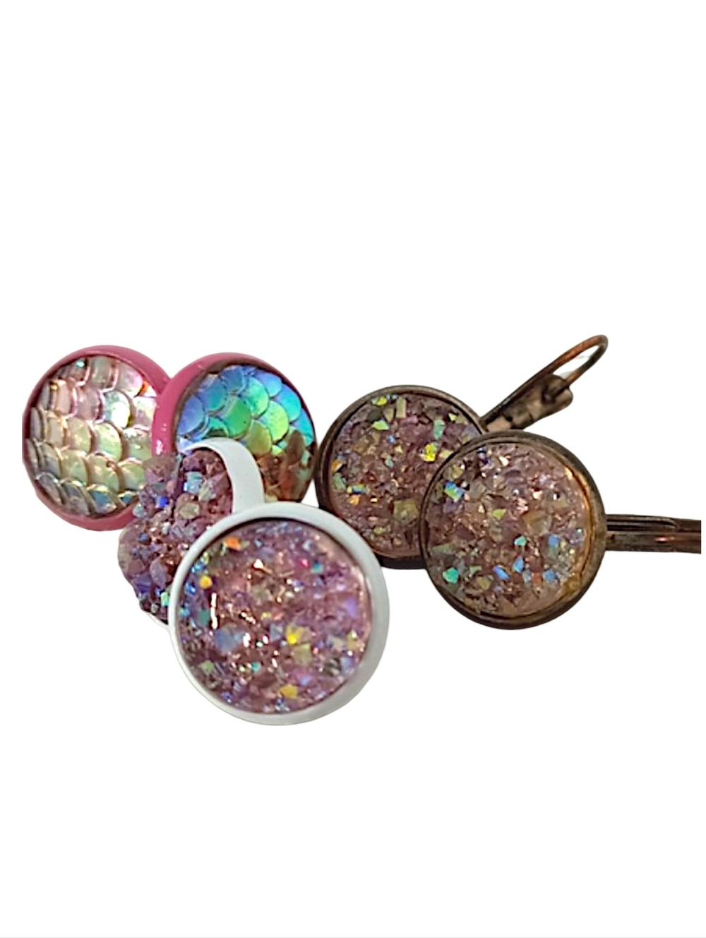 Pink Druzy Stud Earring Set Mermaid Iridescent Metallic Purple Glitter Dopamine - Picture 10 of 10